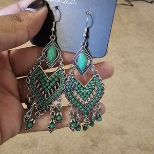 Paparazzi Emerald Green and Silver Dangle Earrings